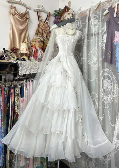 Chic White Long Wedding Dress A-Line Straps Tulle Bridal Dress Sleeveless Bridal Gowns  DP05300