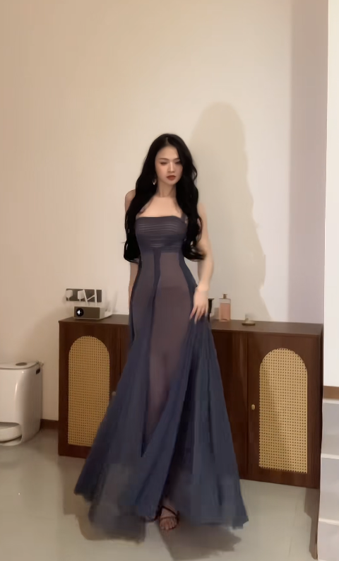 Chic Navy Blue Birthday Dress Straps Tulle Sheath Evening Dress Sleeveless Prom Dress DP05301