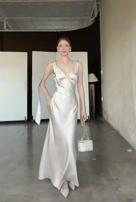 Elegantes Brautjungfernkleid mit V-Ausschnitt, ärmelloses Abendkleid aus Satin, Modell DP05303