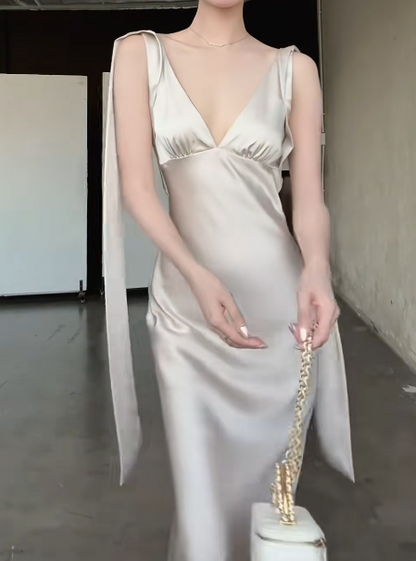 Chic V-neck Wedding Guest Dress Satin Sheath Bridesmaid Dress Sleeveless Evening Dress DP05303