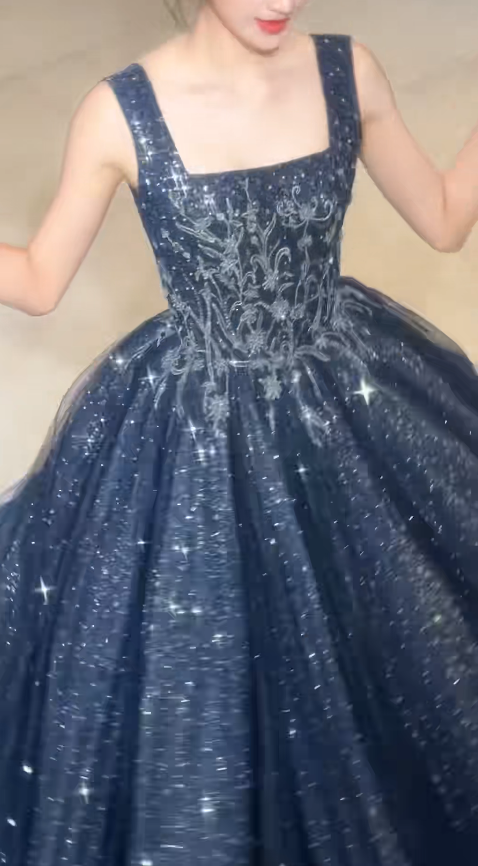 Elegantes Tüll-Abendkleid mit Trägern, A-Linie, Perlenbesatz, ärmellos, blau, Ballkleid DP05307