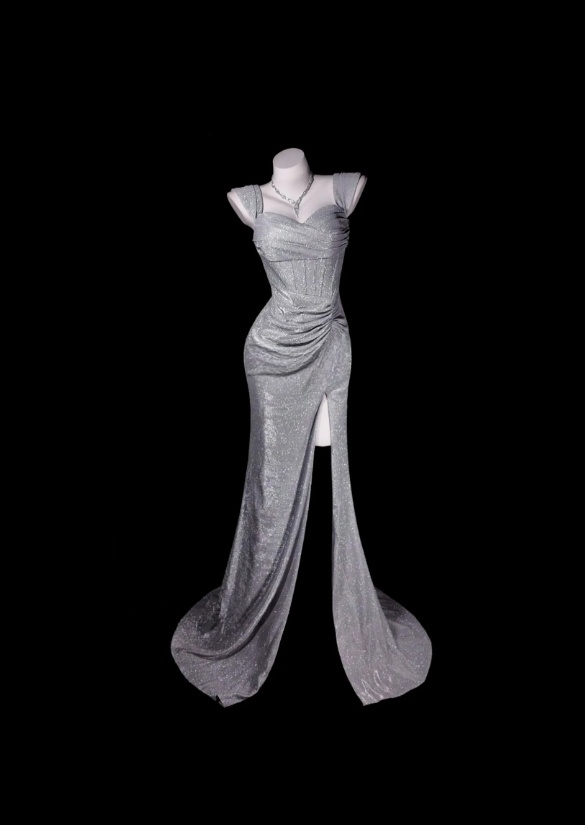 Robe de soirée fourreau en satin pailleté, sans manches, avec fente, bretelles, DP05309