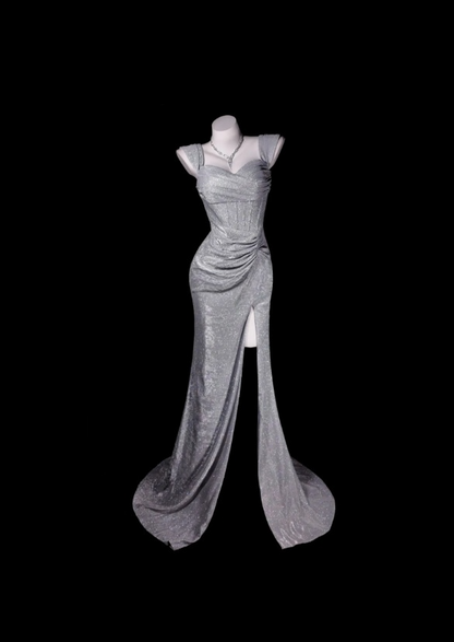 Robe de soirée fourreau en satin pailleté, sans manches, avec fente, bretelles, DP05309