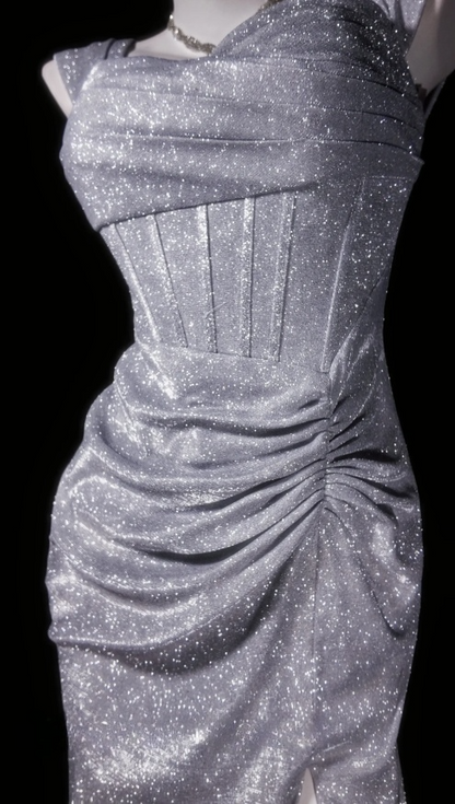 Robe de soirée fourreau en satin pailleté, sans manches, avec fente, bretelles, DP05309