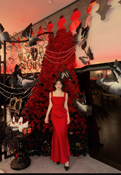 Chic Satin Evening Dress Straps Sheath Formal Dress Sleeveless Red Prom dress DP05310