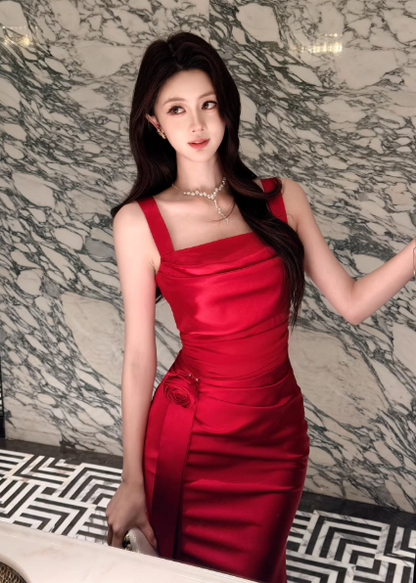 Chic Satin Evening Dress Straps Sheath Formal Dress Sleeveless Red Prom dress DP05310