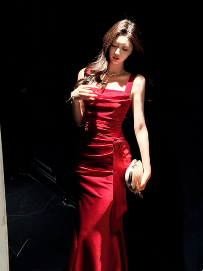 Chic Satin Evening Dress Straps Sheath Formal Dress Sleeveless Red Prom dress DP05310