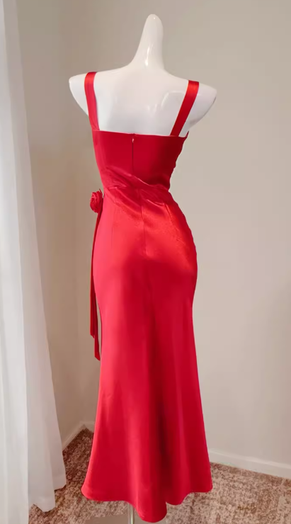 Chic Satin Evening Dress Straps Sheath Formal Dress Sleeveless Red Prom dress DP05310