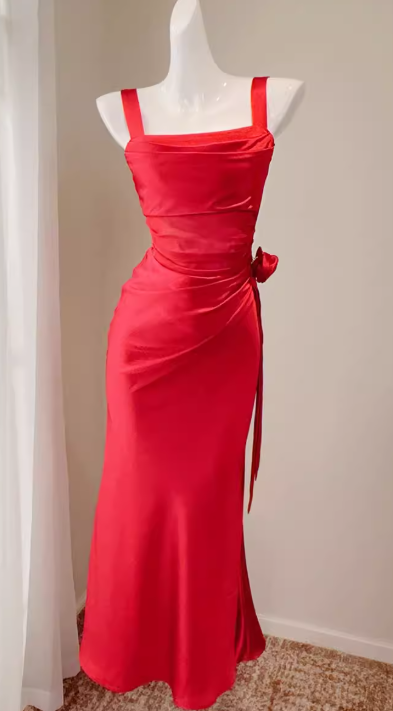Chic Satin Evening Dress Straps Sheath Formal Dress Sleeveless Red Prom dress DP05310