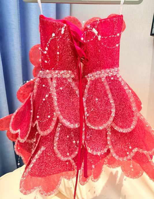Kurzes, heißrosafarbenes Geburtstagskleid, trägerloses Ballkleid, A-Linien-Tüll-Partykleid DP05312