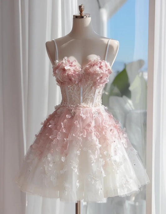 Mode weißes kurzes Geburtstagskleid Spaghetti-Träger Ballkleid A-Linie Tüll Partykleid DP05313