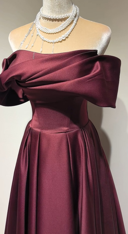 Chic Burgundy Prom Dress A-line Off-shoulder Satin Long Evening Dress DP05317