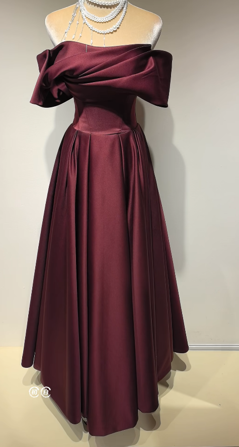 Chic Burgundy Prom Dress A-line Off-shoulder Satin Long Evening Dress DP05317