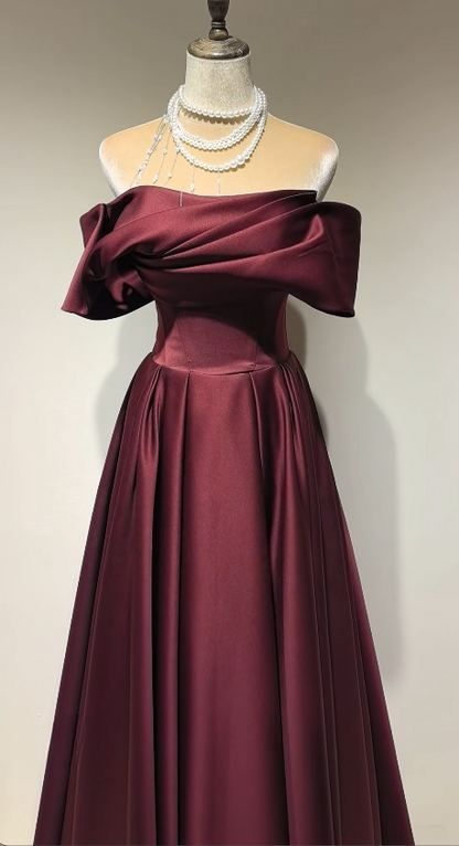 Chic Burgundy Prom Dress A-line Off-shoulder Satin Long Evening Dress DP05317