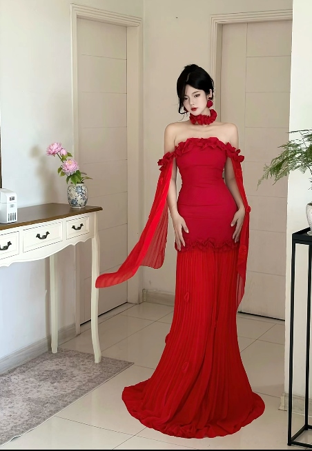 Chic Red Prom Dress Sheath Off-shoulder Chiffon Long Evening Dress DP05318