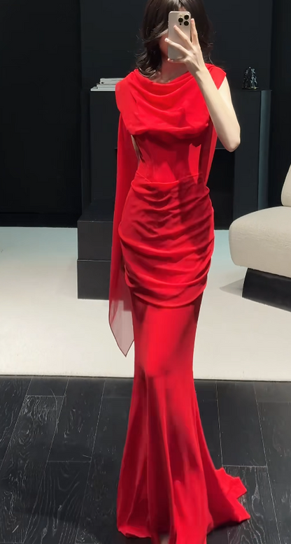 Elegantes rotes Ballkleid Etui-Stil Schwingender Ausschnitt Chiffon Langes Abendkleid DP05319