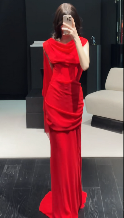 Elegantes rotes Ballkleid Etui-Stil Schwingender Ausschnitt Chiffon Langes Abendkleid DP05319