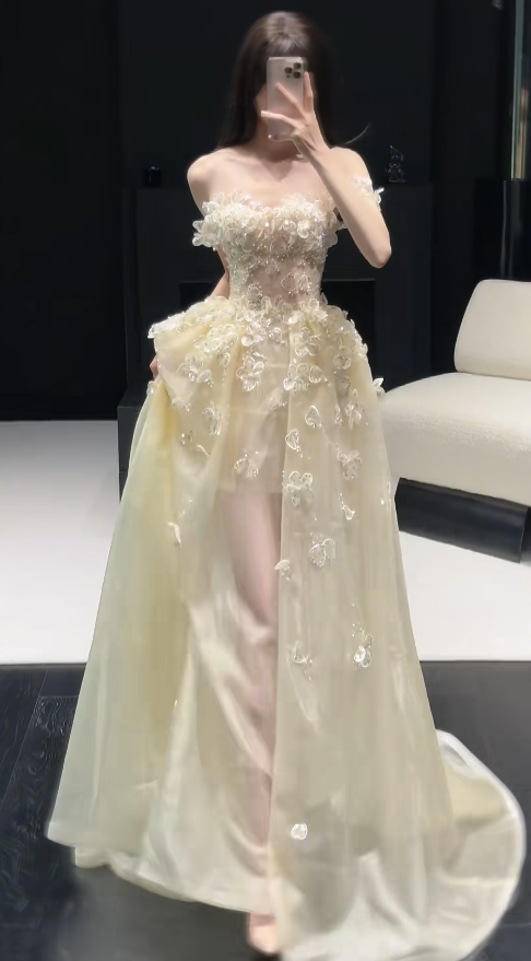 Fairy Light Yellow Prom Dress Applique Birthday Dress Off-shoulder A-Line Tulle Long Evening Dress DP05320