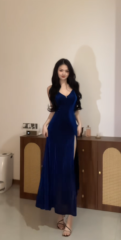 Chic Blue Prom Dress Glitter Satin Birthday Dress Sheath Spaghetti Straps Long Evening Dress with Slit DP05321