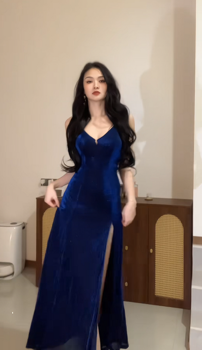 Chic Blue Prom Dress Glitter Satin Birthday Dress Sheath Spaghetti Straps Long Evening Dress with Slit DP05321