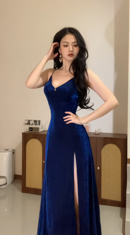 Chic Blue Prom Dress Glitter Satin Birthday Dress Sheath Spaghetti Straps Long Evening Dress with Slit DP05321