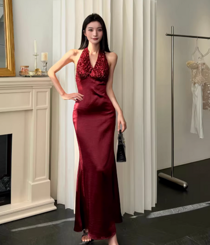 Chic Burgundy Prom Dress Backless Satin Birthday Dress Sheath Halter Long Evening Dress DP05322