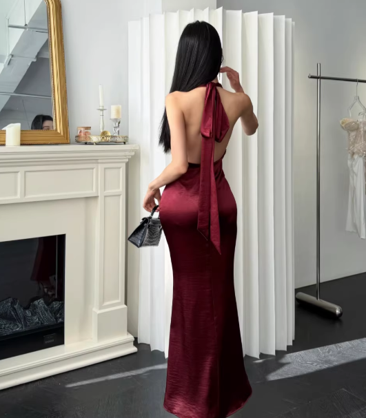 Chic Burgundy Prom Dress Backless Satin Birthday Dress Sheath Halter Long Evening Dress DP05322