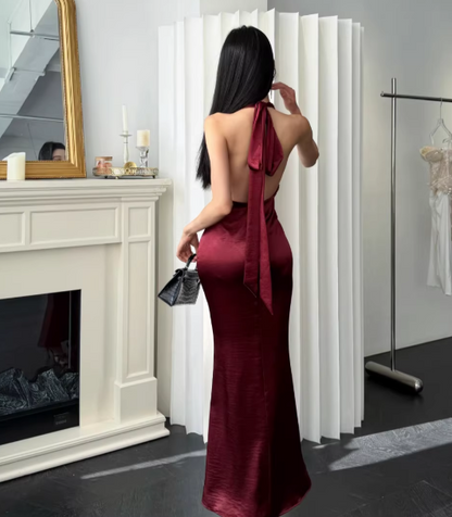 Chic Burgundy Prom Dress Backless Satin Birthday Dress Sheath Halter Long Evening Dress DP05322