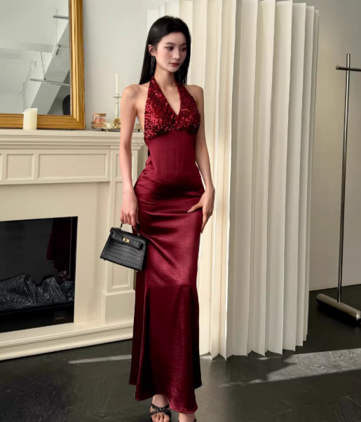 Chic Burgundy Prom Dress Backless Satin Birthday Dress Sheath Halter Long Evening Dress DP05322