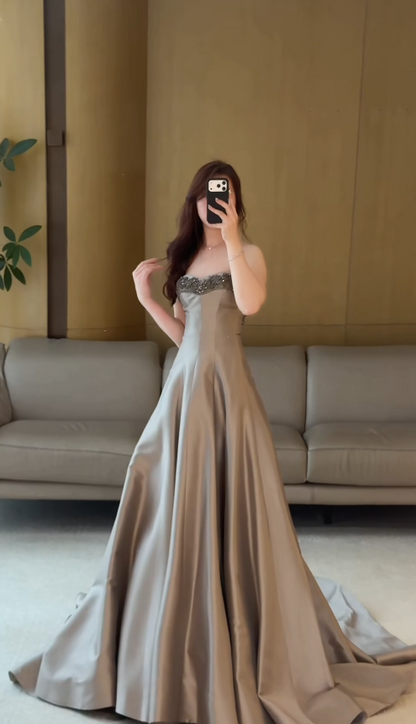 Chic Strapless Prom Dress Satin Birthday Dress A-line Long Evening Dress DP05323