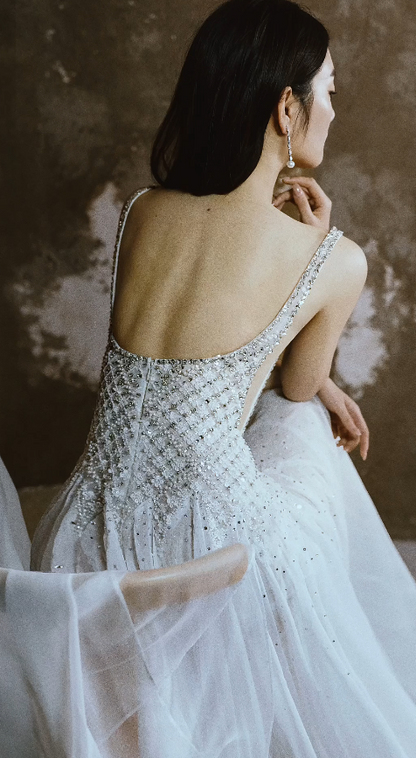 Glamorous Sheath Long Wedding Dress Straps Chiffon Beaded Bridal Dress White Sleeveless Bridal Gown DP05325