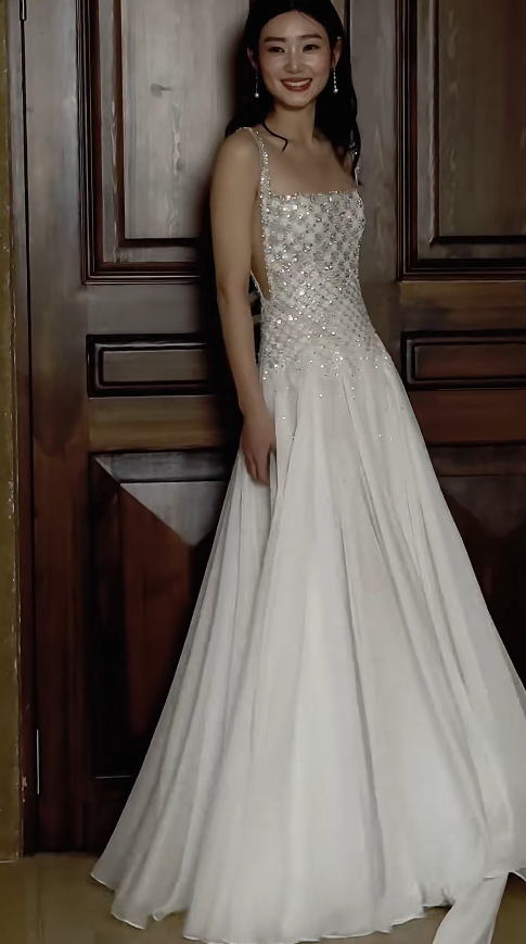 Glamorous Sheath Long Wedding Dress Straps Chiffon Beaded Bridal Dress White Sleeveless Bridal Gown DP05325