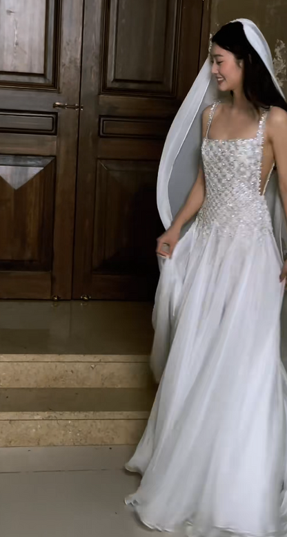 Glamorous Sheath Long Wedding Dress Straps Chiffon Beaded Bridal Dress White Sleeveless Bridal Gown DP05325
