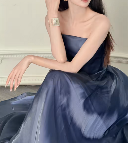 Chic Sheath Long Evening Dress Strapless Satin Party Dress Navy Blue Prom Dress DP05332