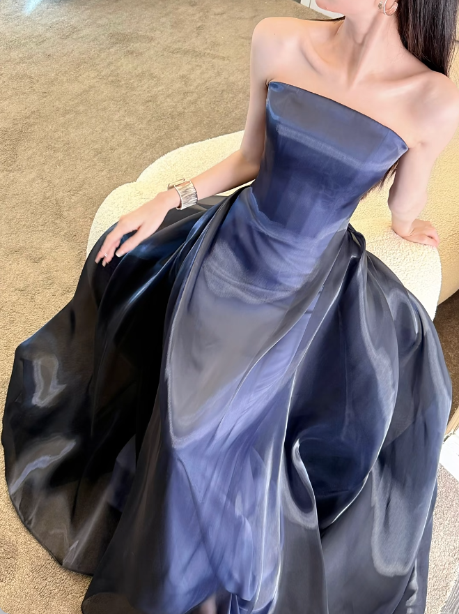 Chic Sheath Long Evening Dress Strapless Satin Party Dress Navy Blue Prom Dress DP05332