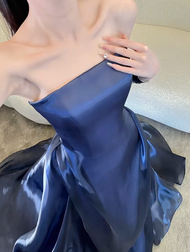 Chic Sheath Long Evening Dress Strapless Satin Party Dress Navy Blue Prom Dress DP05332