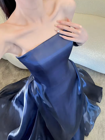 Chic Sheath Long Evening Dress Strapless Satin Party Dress Navy Blue Prom Dress DP05332