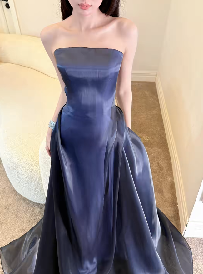 Chic Sheath Long Evening Dress Strapless Satin Party Dress Navy Blue Prom Dress DP05332
