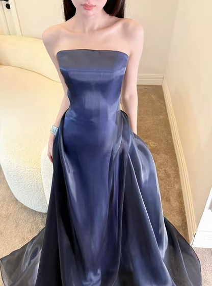 Chic Sheath Long Evening Dress Strapless Satin Party Dress Navy Blue Prom Dress DP05332
