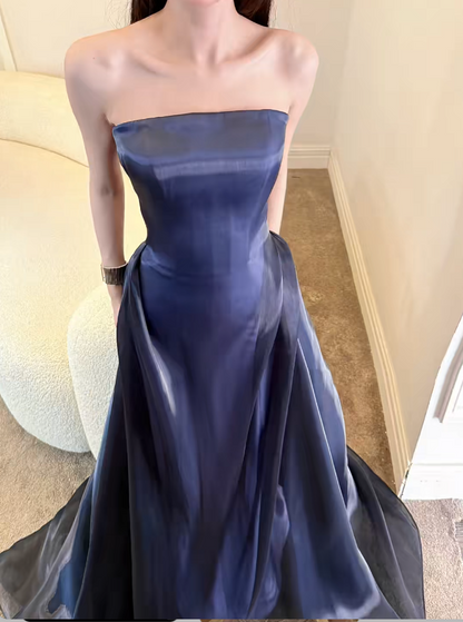 Chic Sheath Long Evening Dress Strapless Satin Party Dress Navy Blue Prom Dress DP05332