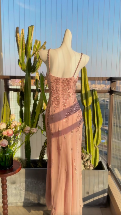Chic Sheath Long Evening Dress Spaghetti Straps Chiffon Beaded Party Dress Pink Prom Dress DP05334