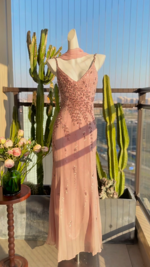 Chic Sheath Long Evening Dress Spaghetti Straps Chiffon Beaded Party Dress Pink Prom Dress DP05334