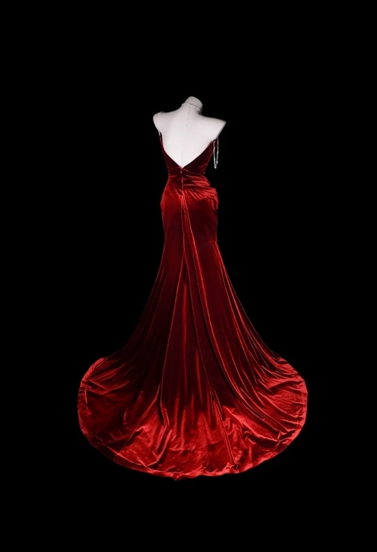 Elegantes, langes Abendkleid mit Spaghettiträgern, Samt, Partykleid, Burgunderrot, Ballkleid DP05335