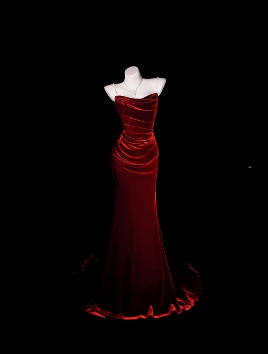 Elegantes, langes Abendkleid mit Spaghettiträgern, Samt, Partykleid, Burgunderrot, Ballkleid DP05335