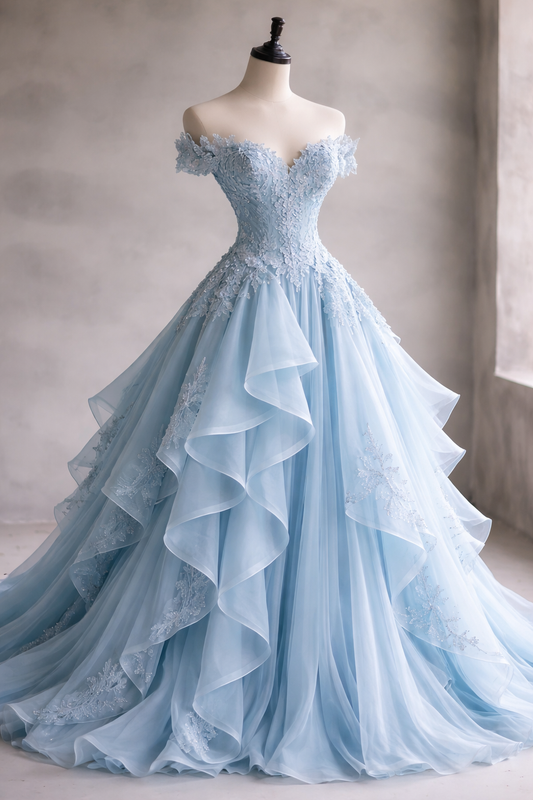 Wunderschönes, langes A-Linien-Abendkleid, schulterfrei, mit Tüll-Applikationen, Partykleid, blassblaues Ballkleid DP05336
