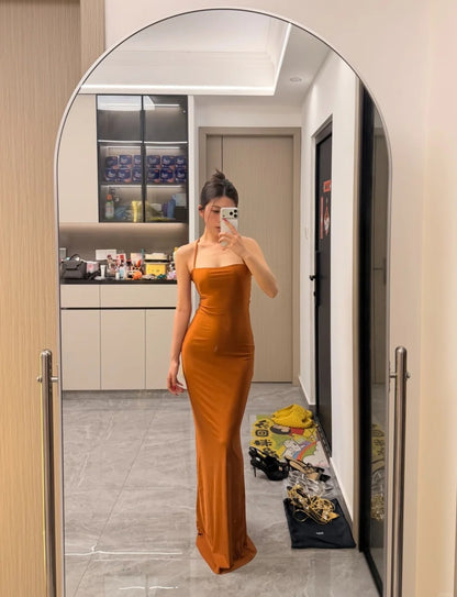 Sexy Sheath Long Evening Dress Spaghetti Straps Satin Party Dress Sleeveless Guest Dress DP05338