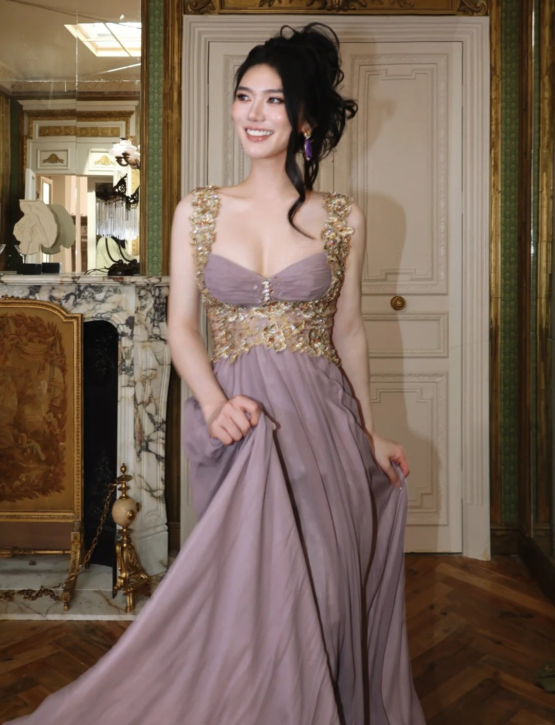 Chic Imperial Dress Long Evening Dress Straps Chiffon Appliques Party Dress Sleeveless Guest Dress DP05339