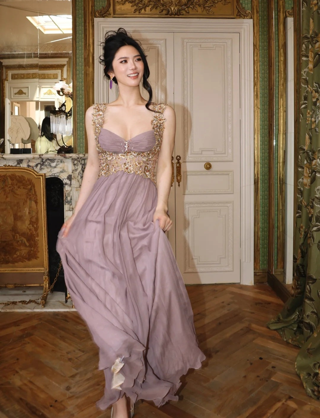 Chic Imperial Dress Long Evening Dress Straps Chiffon Appliques Party Dress Sleeveless Guest Dress DP05339