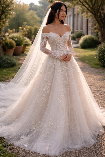 Chic A-Line Long Wedding Dress Off-shoulder Tulle Appliques Bridal Gowns White Sleeves Bridal Dress DP05342