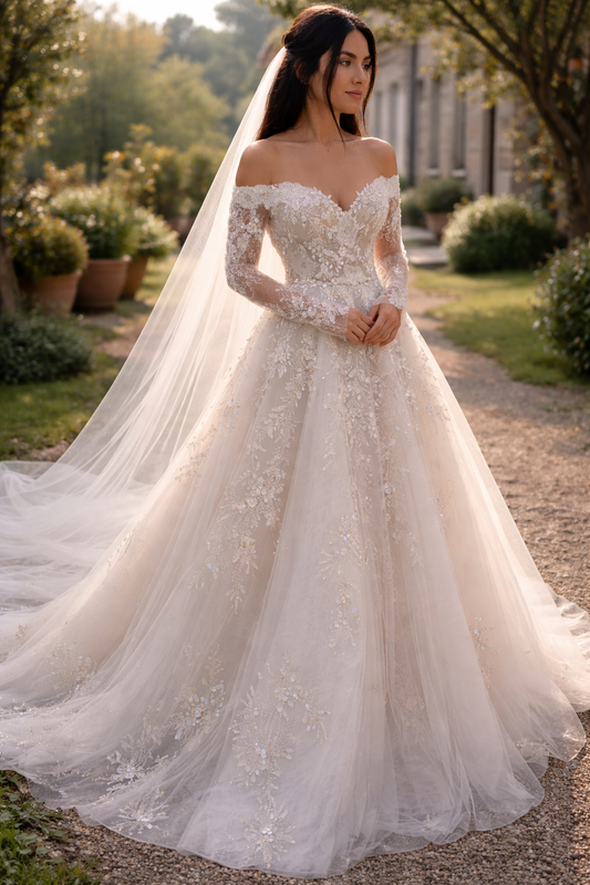 Elegantes A-Linien-Hochzeitskleid Lang Off-Shoulder Tüll-Applikationen Brautkleid Weiß Ärmel Brautkleid DP05342